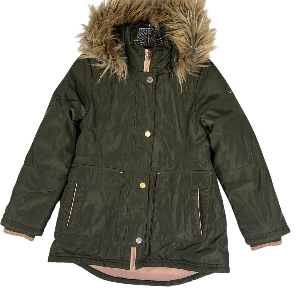Michael Kors Puffer Coat Youth Size 10/12 Girls Olive Green Faux Fur Hood‎ Lined